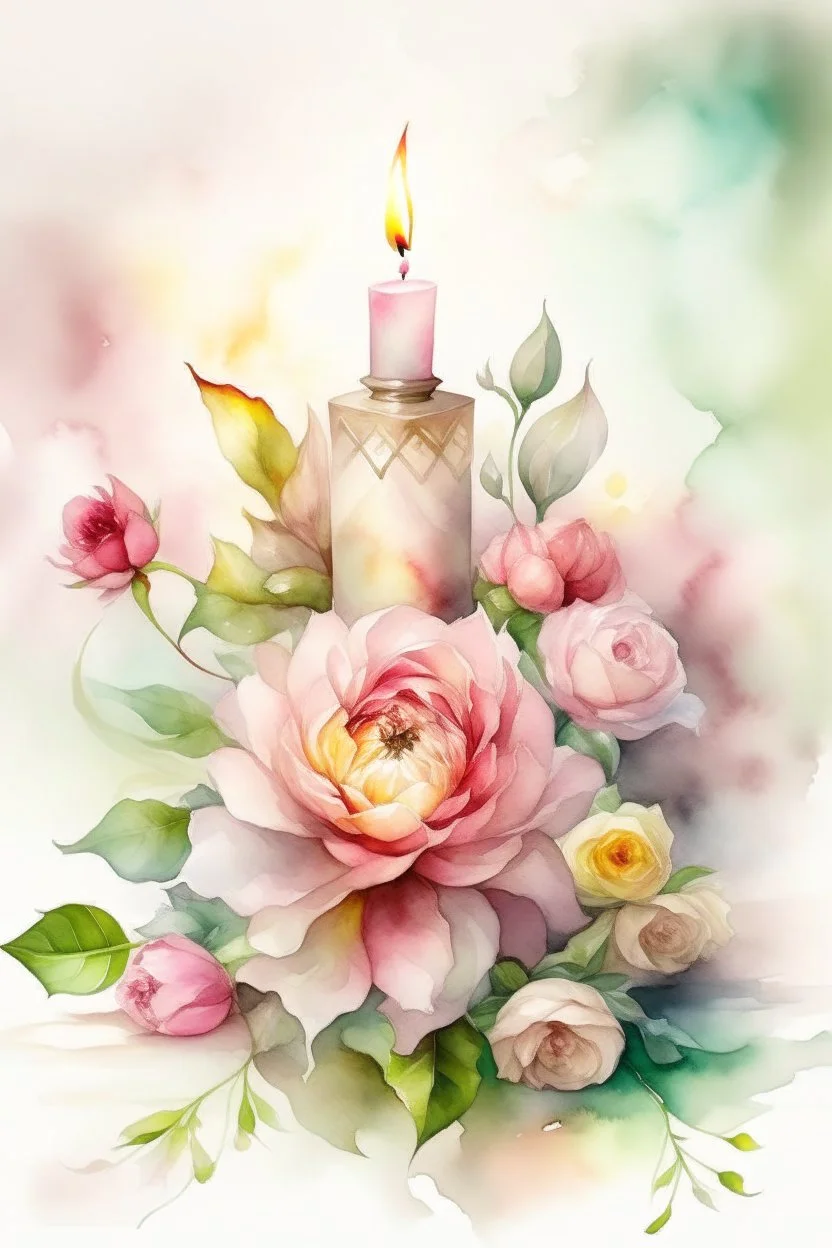 MAGIC A PYRAMID CANDLE IS BURNING AROUND WONDERFUL FLOWERS English watercolor, Smoky cream, pale gray, pale pink, pink background. bright light, a bouquet of roses on the table are pale pink, pale bordeaux, white, ochre. green stems, the light is translucent. Watercolor, fine ink drawing, peonies in an hourglass, elegant gold inlay, rich interior rose of the valley, leaves, nature, beautiful raindrops, beautiful fog, over a beautiful rainbow, fantasy, romantic dreamy mood, special attractions