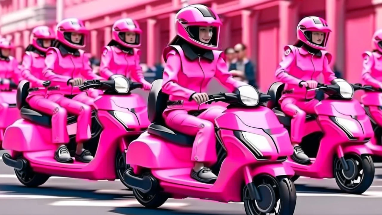 Hyperrealistisch mehrere stämmige, üppige Frauen, völlig verhüllt von identischen pinkfarben glänzenden Motorradkombination mit spiegelndem Visier in pinkfarbenem, geschlossenem Helm fahren pinkfarbene Elektroroller auf breiter Straße um die Wette