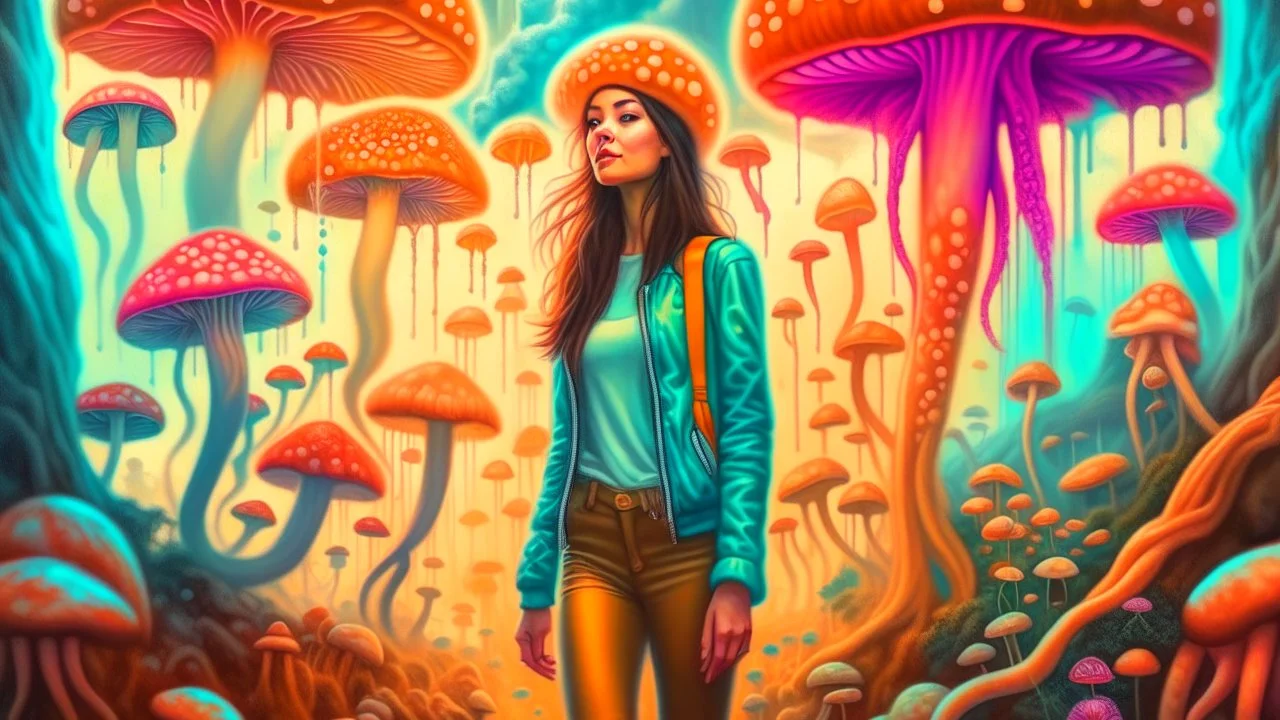 woman with black hair in a ponytail, in light brown leather trousers and jacket, walking through a forest of colourful Alien mushrooms with jellyfish tentacles, photorealistic, Intricate Detail