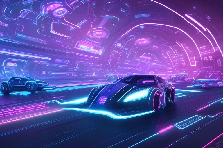 futuristic tron city landscape, flying cars, robots, blue and purple neon