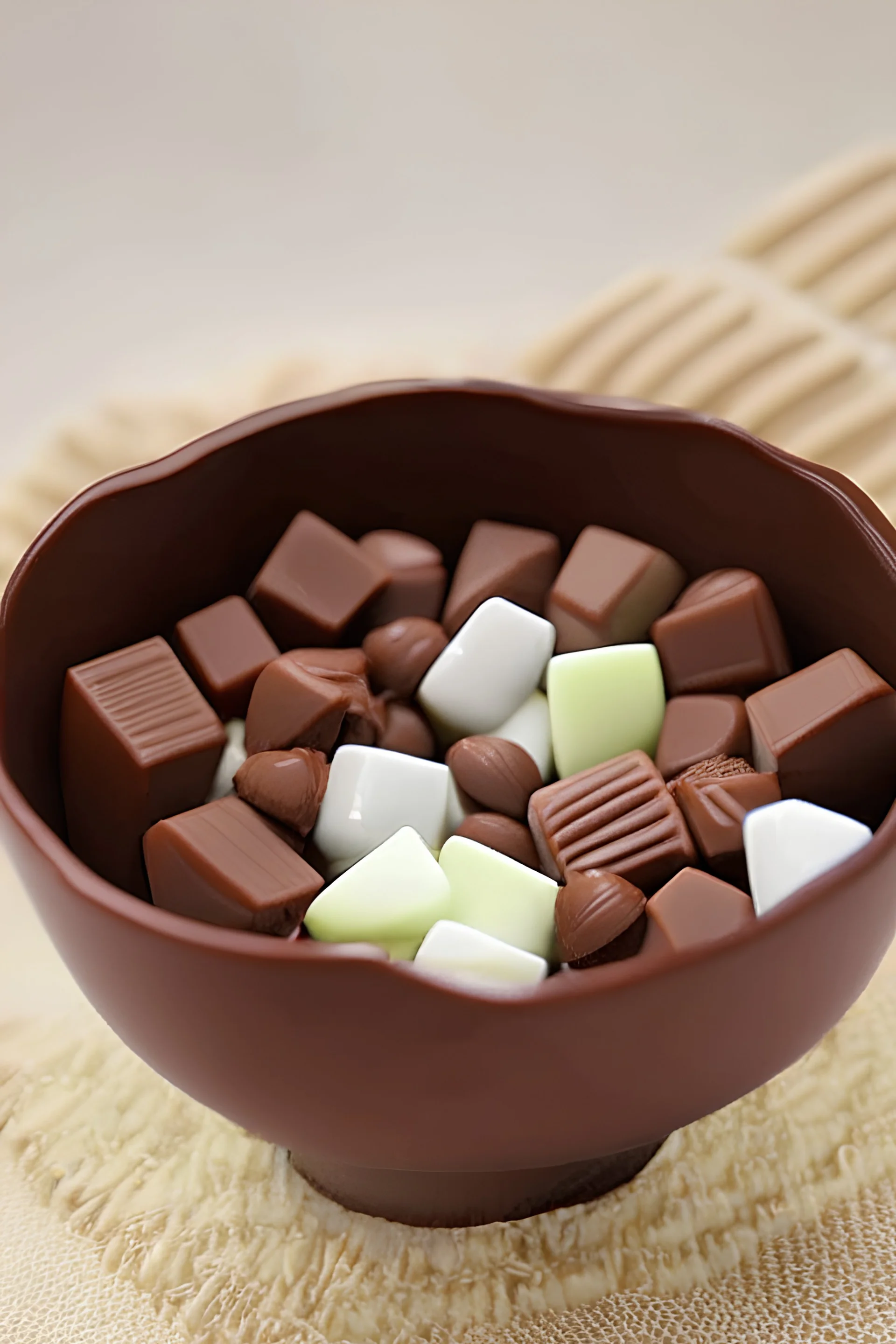 Small cubic chocolates in rice bowl