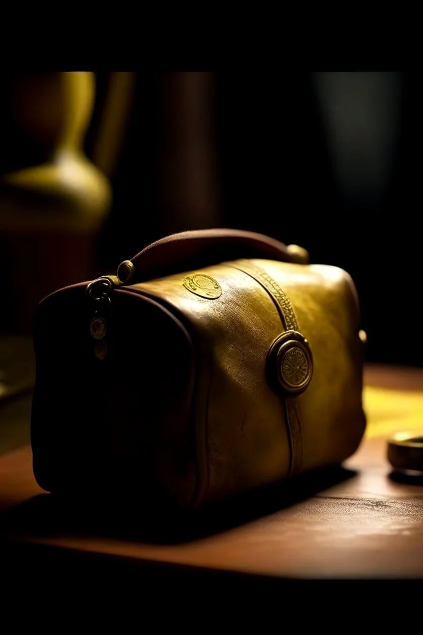 in the BASEMENT there is an old, broken brown oblong leather chest with short handles, with a hole on the side, gold coins from the time of Catherine the Great fall out of it. The ancient coat of arms of tsarist Russia, the double-headed eagle, is BARELY VISIBLE on the bag. All in high quality 8K