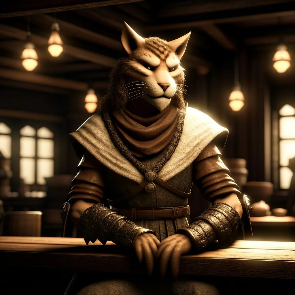 A distressed male khajiit from Skyrim dressed in rags with brown spotted fur in a medieval fantasy tavern