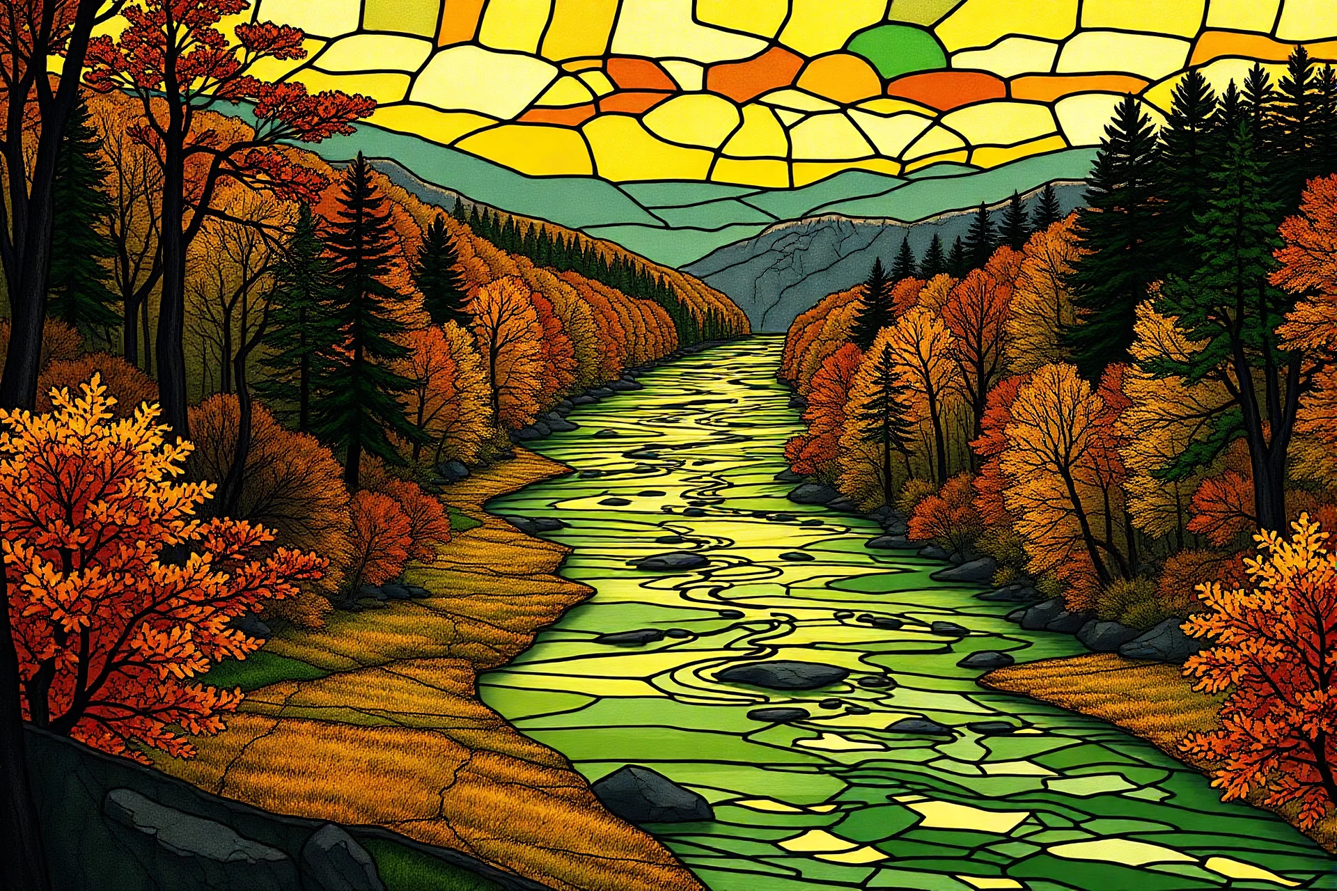 A Landscape scene with autumn forest and green & gold river that is made to look like stained glass, backlit, with Irish icons and in gold, orange, yellow and green tones, with Celtic symbols