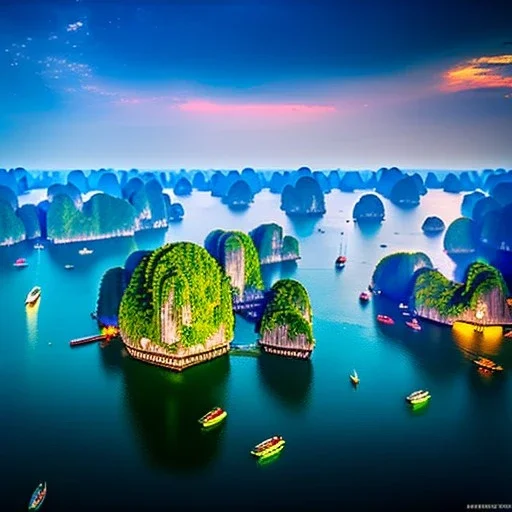 Ha Long Bay, Vietnam,fisher boats, aerial view,cloudy,extremely detailed digital painting, high resolution,8k, realistic, beautiful, volumetric lighting, mystical colors ,perfectly centered image, perfect composition, rim light, beautiful lighting,masterpiece, stunning scene, raytracing, anatomically correct, in the style Van Gogh