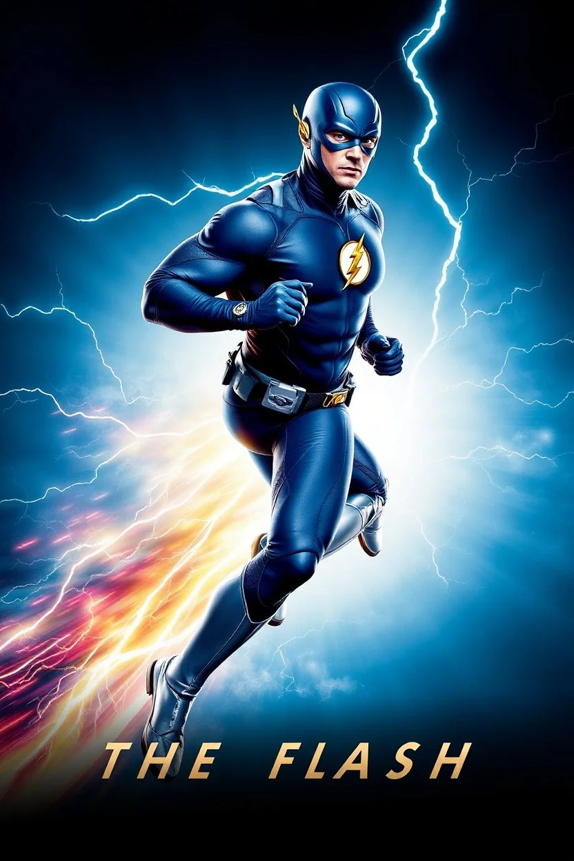 1/4 side view, looking at the viewer, Movie Poster - "THE FLASH" - A massive, thick, extremely muscular, 7'8" tall man, ((skintight, formfitting, long-sleeved, Blue spandex bodysuit:1.5)), ((Silver knee-high boots:1.5)), ((Silver wrist gauntlets, blue fingerless gloves, silver, double holstered utility belt:1.5)), ((skintight, formfitting, blue spandex helmet with blue eye disguise,:1.5)), Running, multicolored lightning emanating from his body, an overly exaggerated muscular stature