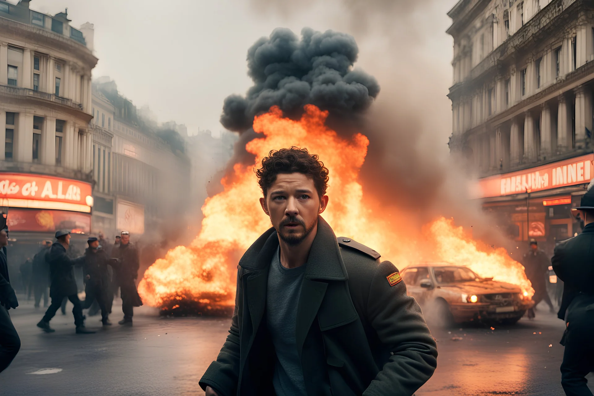 A hiper-realistic medium HD photo of Shia La Beouf, in a war fighting scene in Piccadilly Circus, cars in flames, fires, running people, kill, destruction, explosion, cristopher Nolan movie style