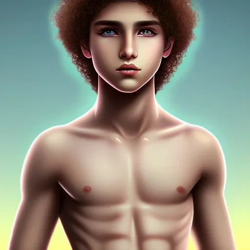 beautiful 12 year old arabic boy with curly hair and light blue eyes, shirtless