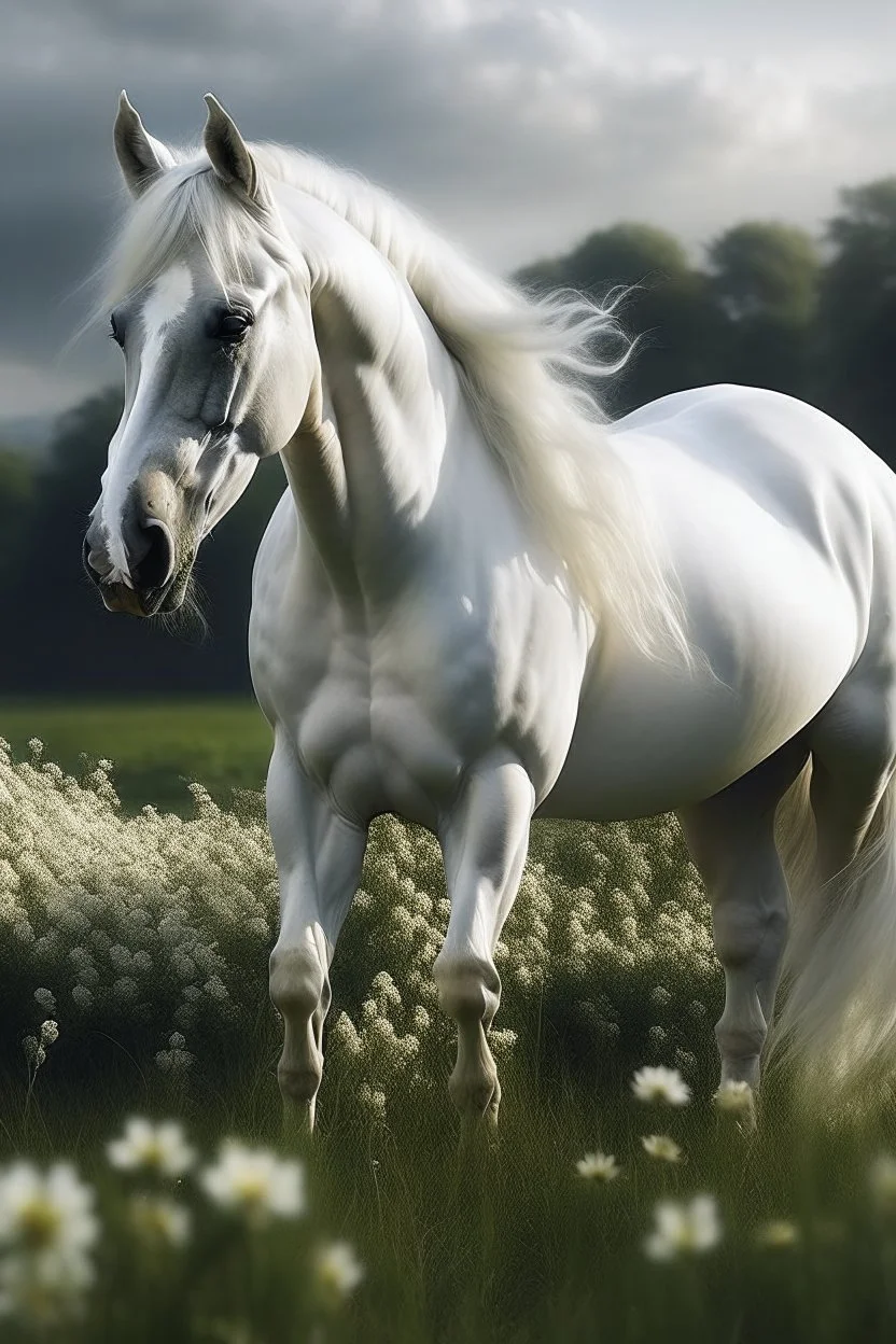 a beautiful white horse with a long wavy mane walks in a blooming meadow,full height, photorealism, surrealism, beautiful landscape,clear lines, drawing small details with a pen, aesthetically pleasing, beautiful, realistic, professional photo, 4k, high resolution, high detail, 1/250s, pixel graphics, bright lighting