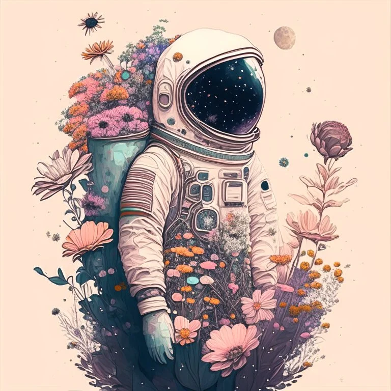 "floral astronaut" hand-drawn digital art, muted tones, flowers everywhere, colorful garden, beautiful galaxy, REALISTIC