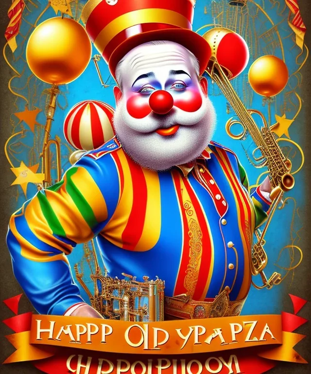 happy old friendly fat clown with round head and trimmed beard playing jazz with a steampunk theme, circus, realistic