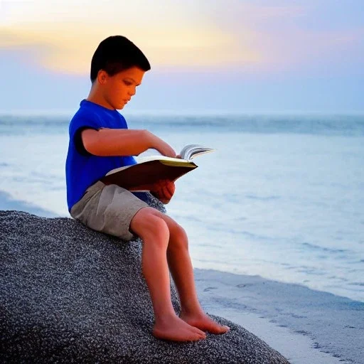 A boy reading a book at beach just before sunset sitting on a rock inside fantasy movie based theme