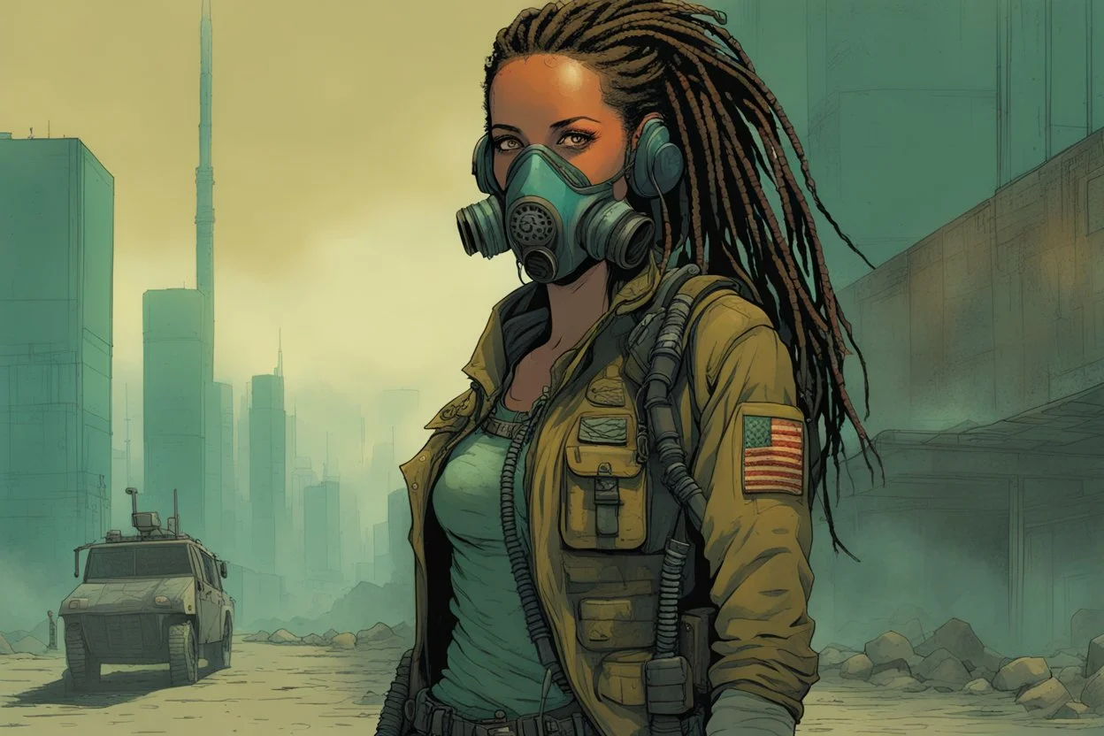 front facing full length portrait illustration of a grunge armored female with beaded dreadlock hair cyberpunk vampire mercenary with gas mask, telecommunications headset, and shemagh, highly detailed with gritty post apocalyptic textures, toxic irradiated landscape, finely detailed facial features and hair, in the graphic novel style of Bill Sienkiewicz, and Jean Giraud Moebius