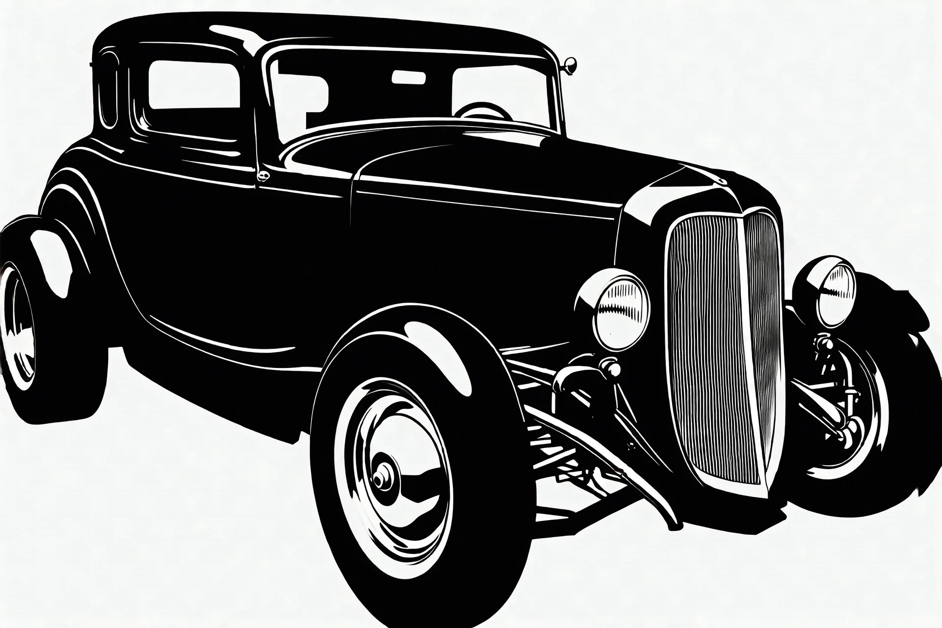 black 1932 ford hotrod, black line drawing on white, vector