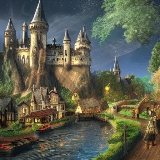 A magical gothic canal little town of wizards, witches and warlocks with a castle and huge caravan houses Nick Harris style