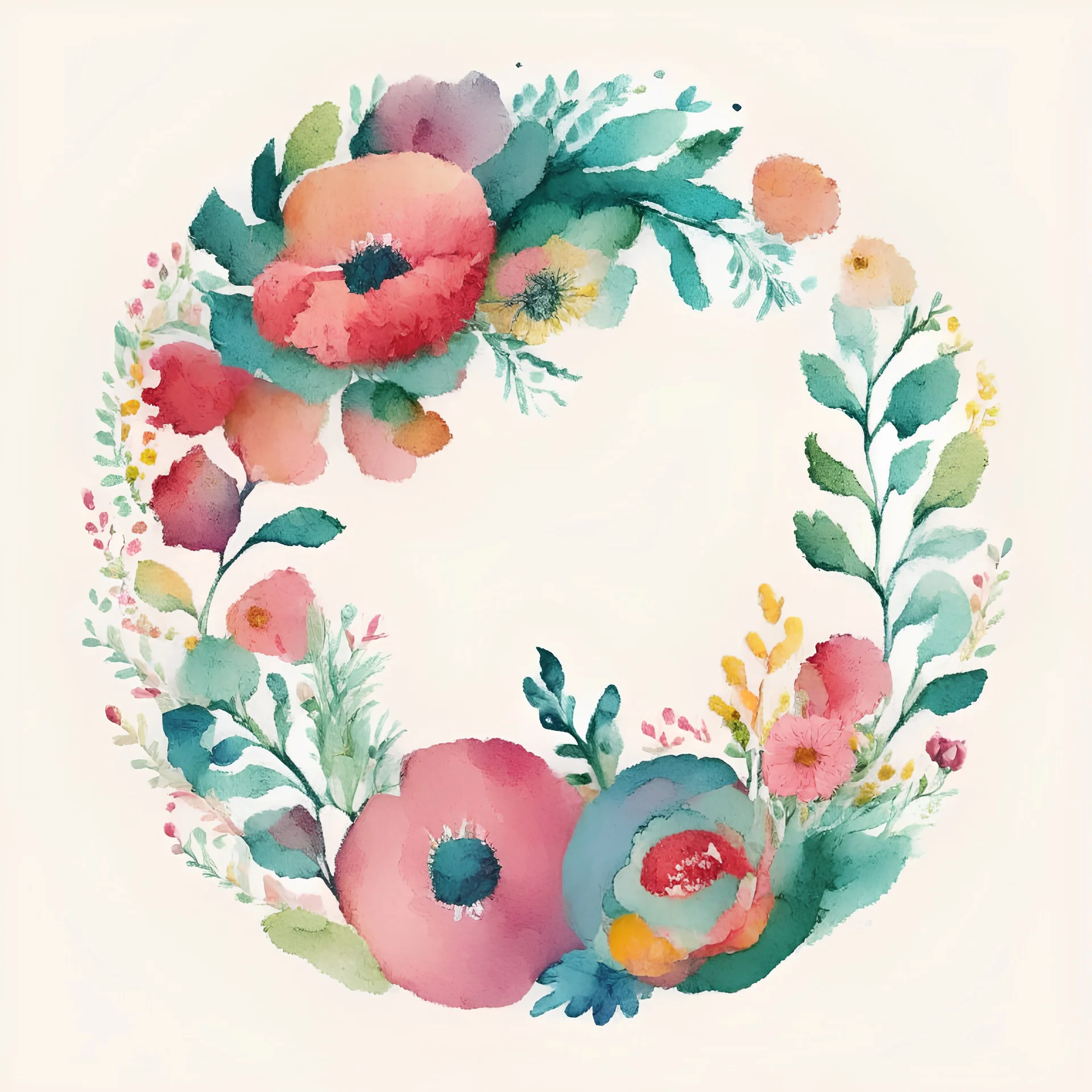 Gouache floral circle vivid colors vermillon