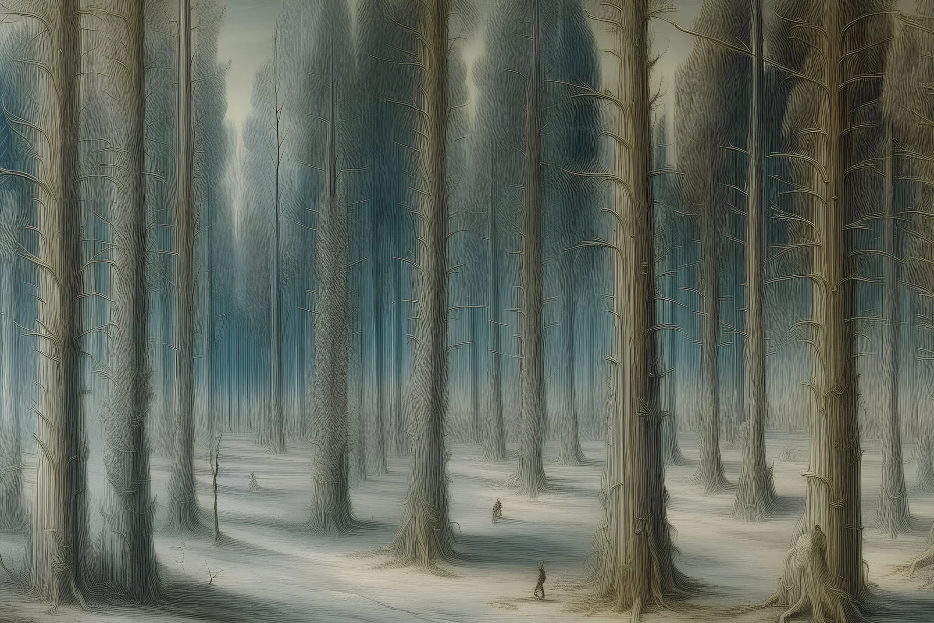 A winter forest with ice spirits painted by Leonardo da Vinci