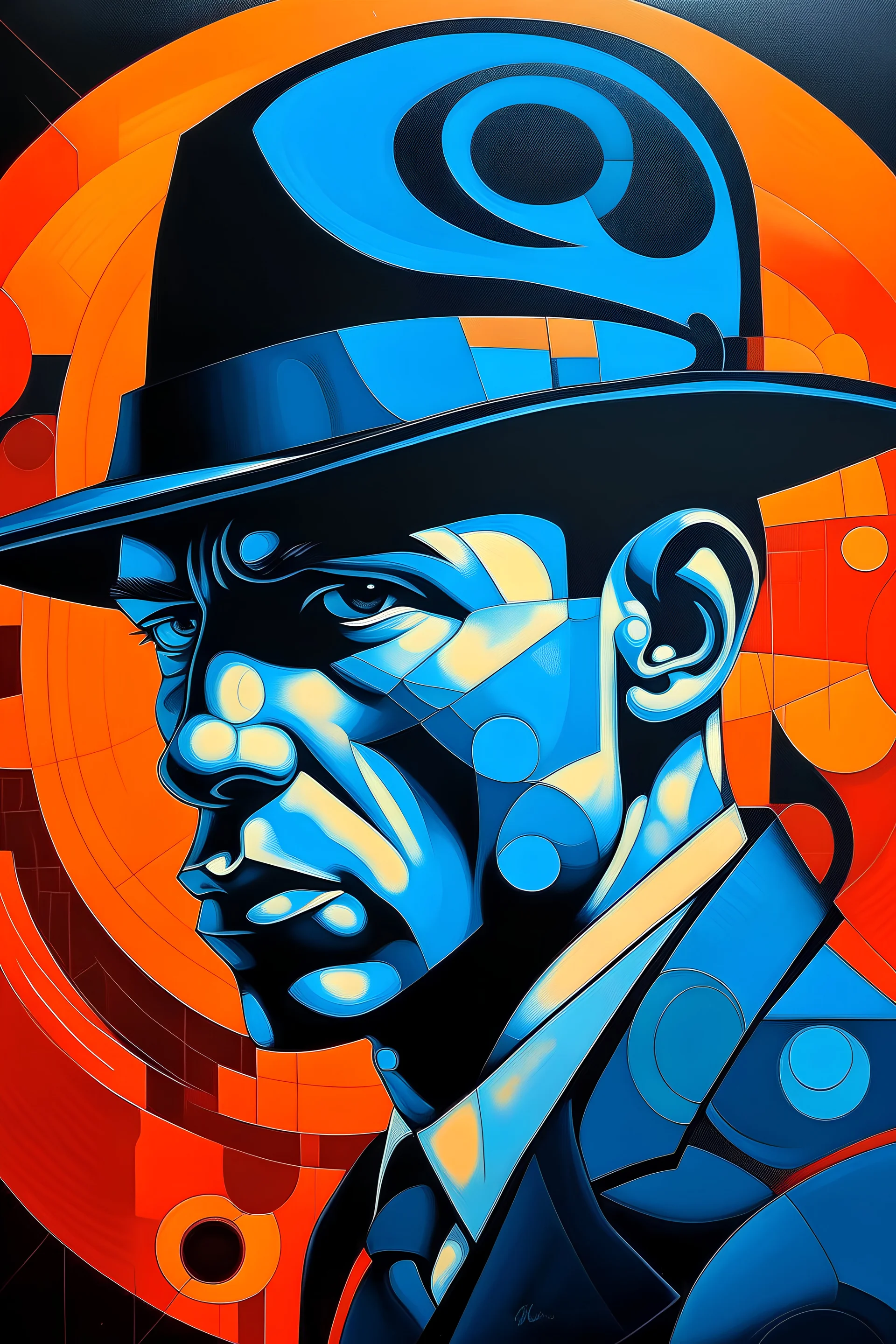 The young gangster man who sold the world (surrealism, absurdism, cubism,)(black blue and orange colors)