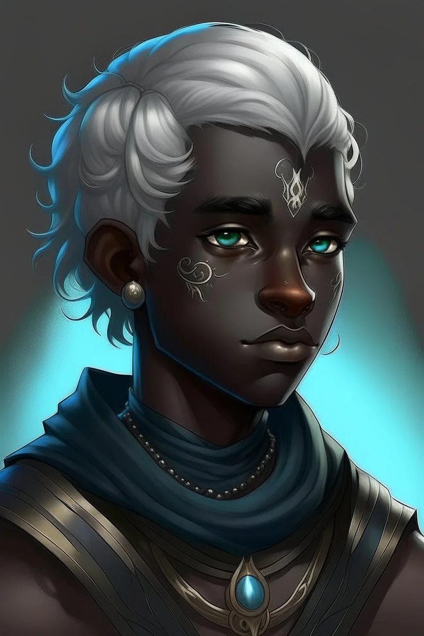 A young male Air genasi with black skin ahs some hair