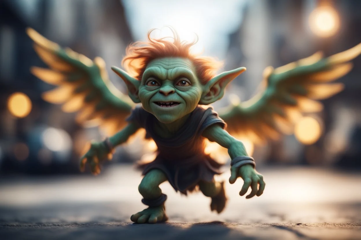 motion blur swooping goblin monster angel bokeh like f/0.8, tilt-shift lens 8k, high detail, smooth render, down-light, unreal engine, prize winning