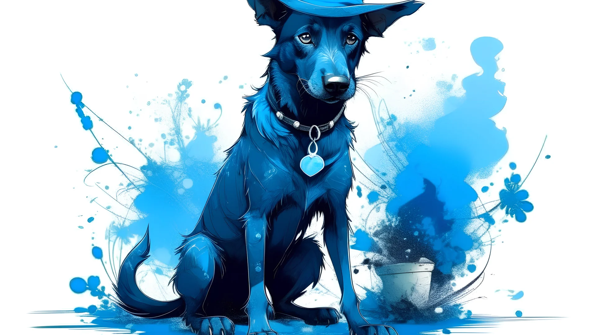 fantasy illustration: beautiful black dog in blue torn pants, tennis shoes, ragged hat on head,