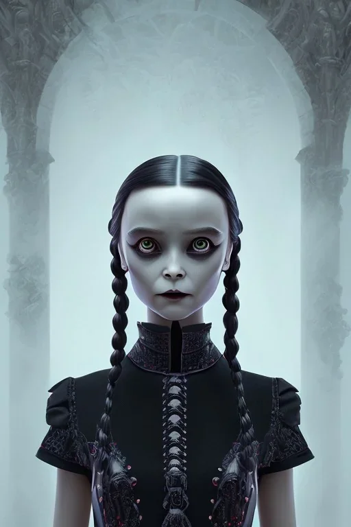 Portrait de Wednesday Addams , hdr, très réaliste , très intriqué, très détaillé , très précis 16k, angle parfait, figure de cinéma, arrière plan d'une gare de chemin de fer, octane effect, rendering 3d, unreal engine, cinema 4d