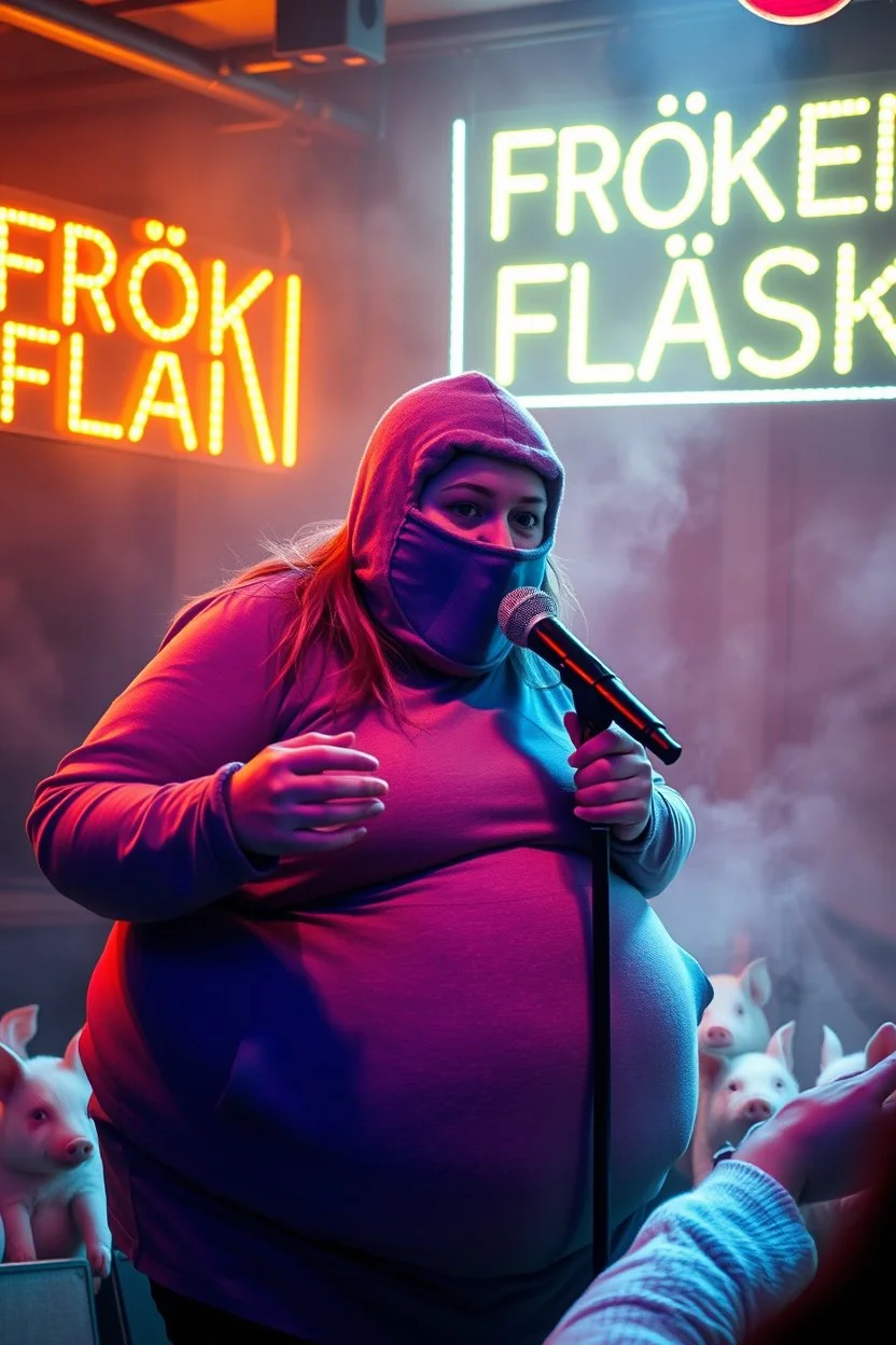a very fat swedish girl, with skimask with called "Fröken Fläsk" performing at dance club, her name is "Fröken Fläsk" piglets On stage, yellow Neon lights and smog, and "FRÖKEN FLÄSK" big sign on the wall, she singing with mic, text in swedish! no translate mr. stable ai