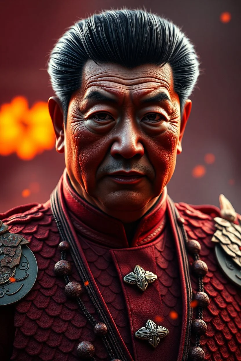 President Xi Jinping , red skin, scales, unreal engine 6, high detail, intricate, cinematic. photoshoot style, intricate, studio lighting, masterpiece , highly detailed, 8k, best quality, fire, smoke, dramatic,d,<lora:mshn:0.7>,<lyco:Warrior_Couture:0.5>,