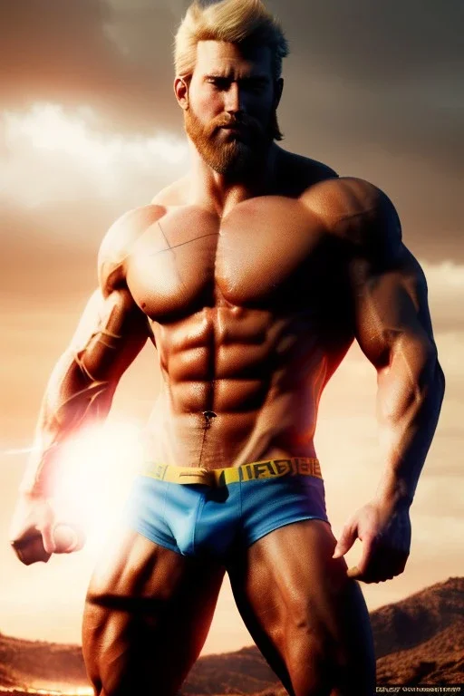 Ignore NSFW, teenager young rugged attractive slightly muscular fantasticly handsome blonde man, red briefs with yellow belt, hairy chest, (((visibly pisssing))) briefs, large erect visible boner peniss, photorealistic, artist Jay Anacleto, soft lighting, scruffy beard