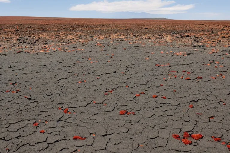 inhospitable locale, deserts of black sand, huge plains of dark granite, no water to be found anywhere, and no sunlight, blood-red sky, -brown, -plants, red sky, black sand,