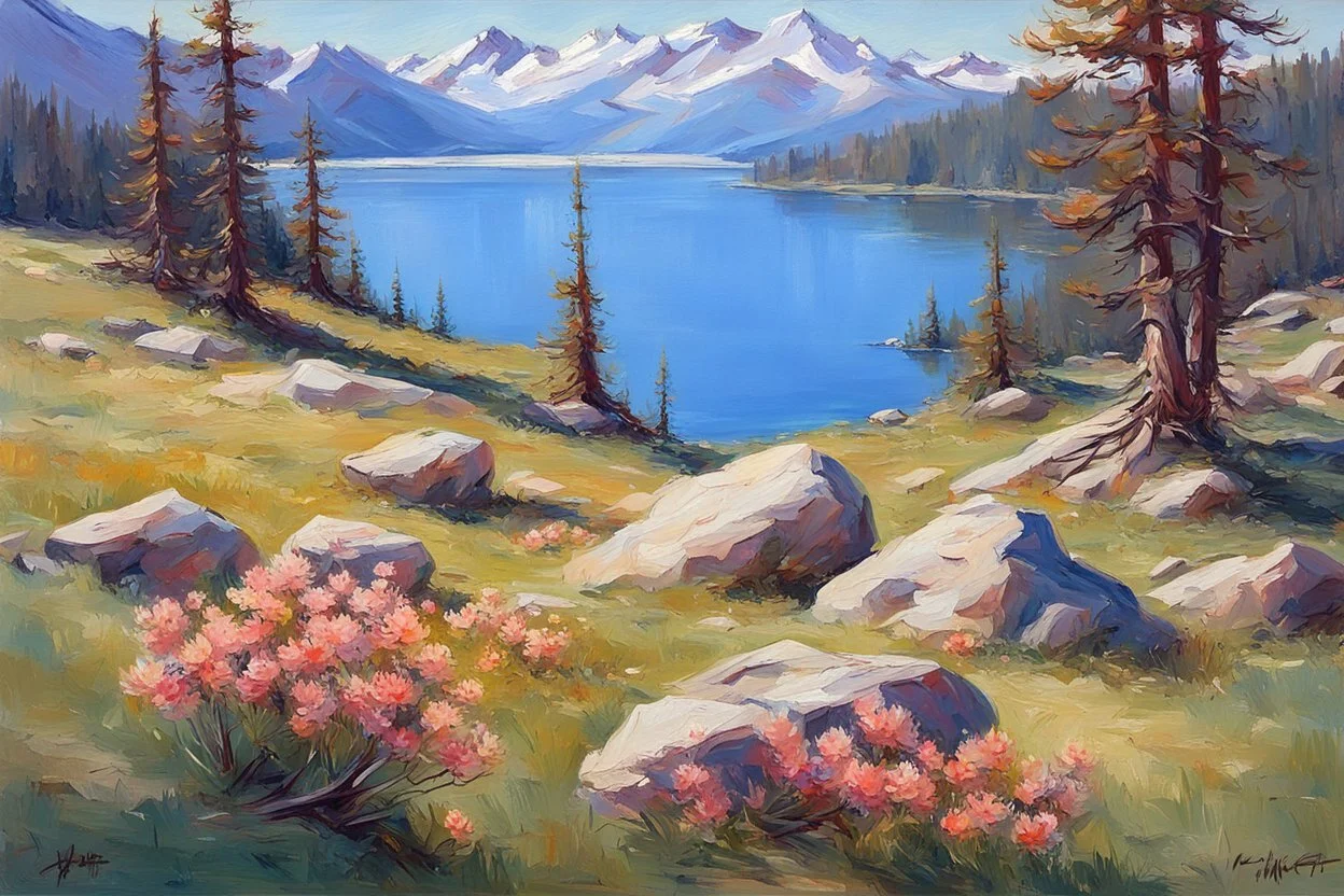 Sunny day, pine trees, mountains, prairie, flowers, lake, rocks, spring, konstantin westchiloff impressionism painting