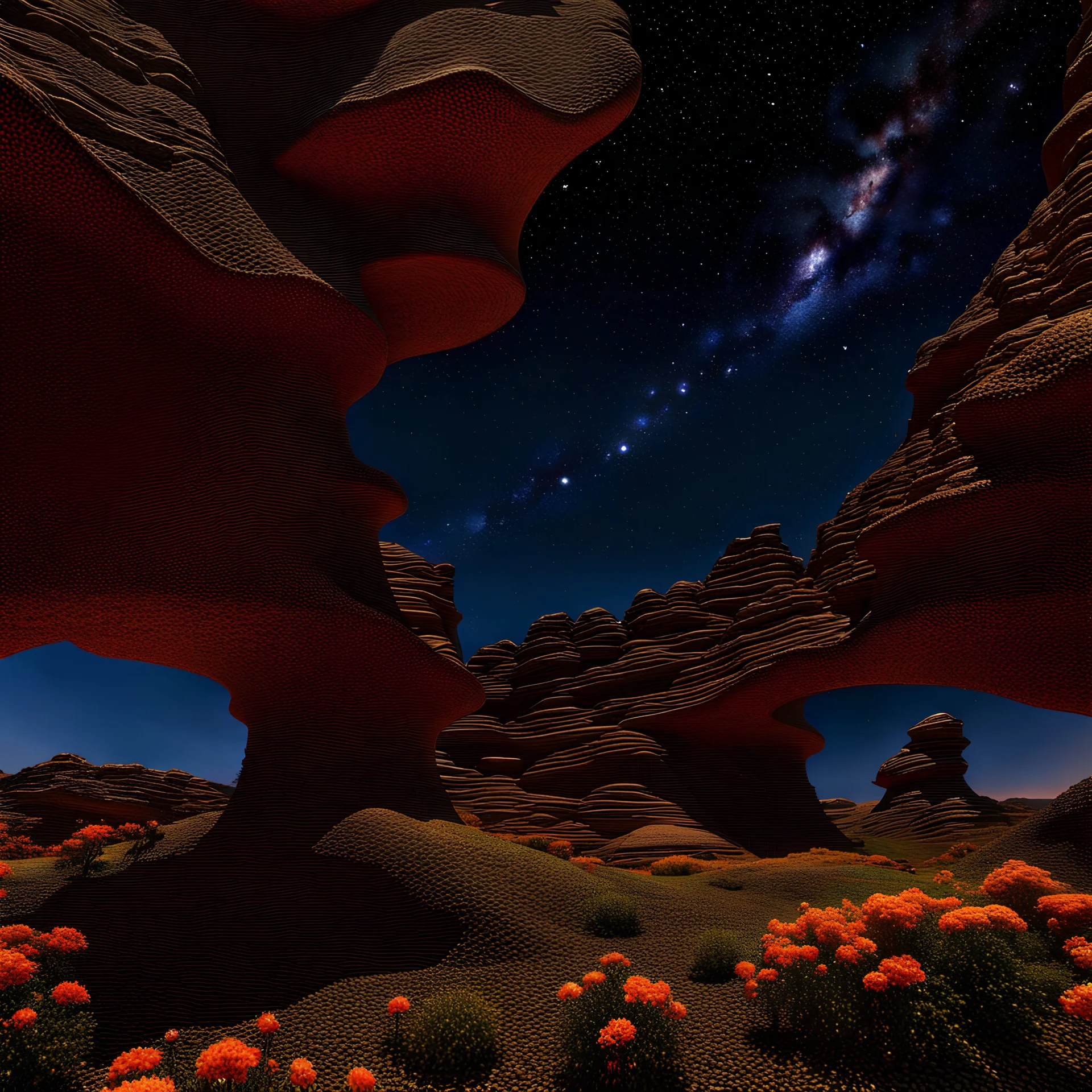 Colourful, peaceful, Egon Schiele, Max Ernst, night sky filled with galaxies and stars, rock formations, Arizona desertorama, trees, flowers, medieval miniature, sharp focus, 8k, deep 3d field, intricate, ornate