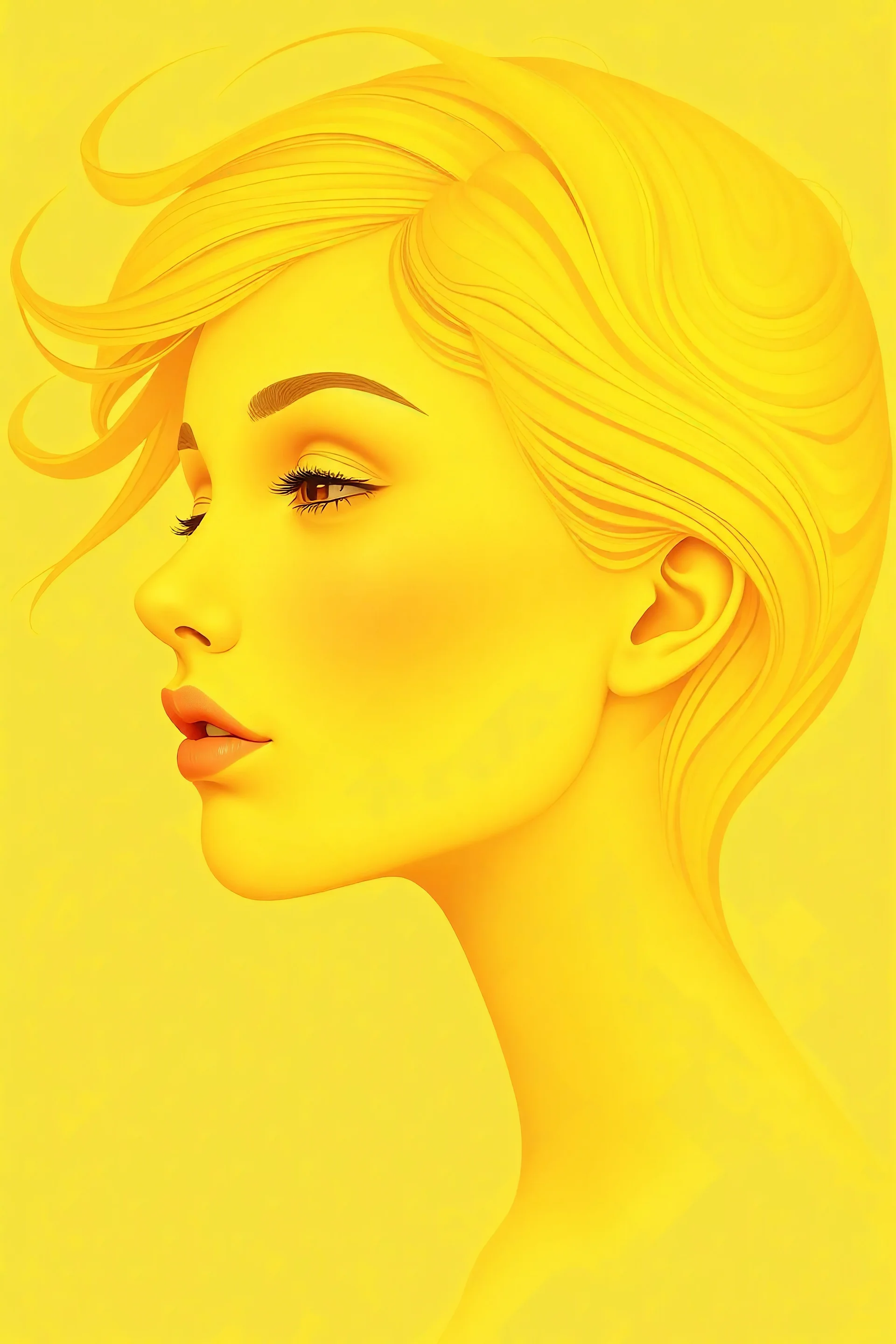 The image features a highly stylized and surreal representation of a beautiful girl characterized by a unique yellow-toned color palette. The face is shown in profile, with soft, smooth facial features and a serene expression. The head is adorned with flowing, , The background is a solid light yellow, enhancing the ethereal quality of the composition. The overall effect is one of