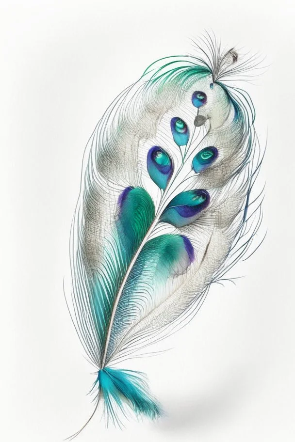 Realistic peacock feather drawing on a white background