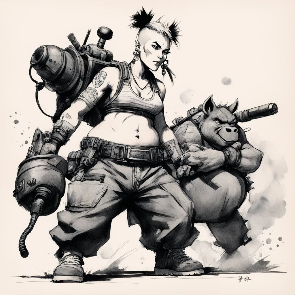 [traditional Chinese brush, expressive line, ink washes] Tank Girl with Bebop and Rocksteady: This body finds pleasure in his movement wish to walk with my head so high my shoulders back bum carefully encasing the head of my femur, wish my body to move like my trainer's.