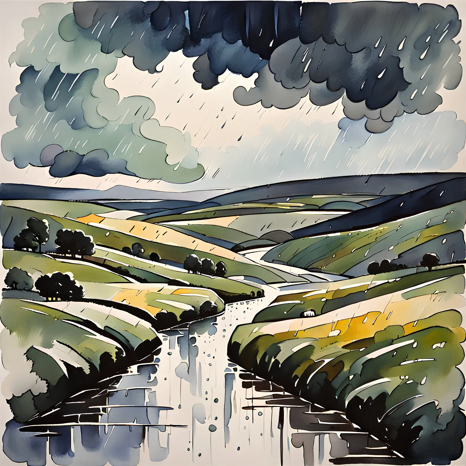 A Yorkshire scenery at dim light and rain painted in watercolours and oils by expressionist