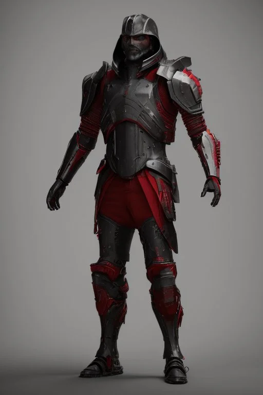 a man modern in military science fiction armor, the armor must be made of spiritual fabric, black and red. a fabric similar to that worn by men of the witch church of the past.