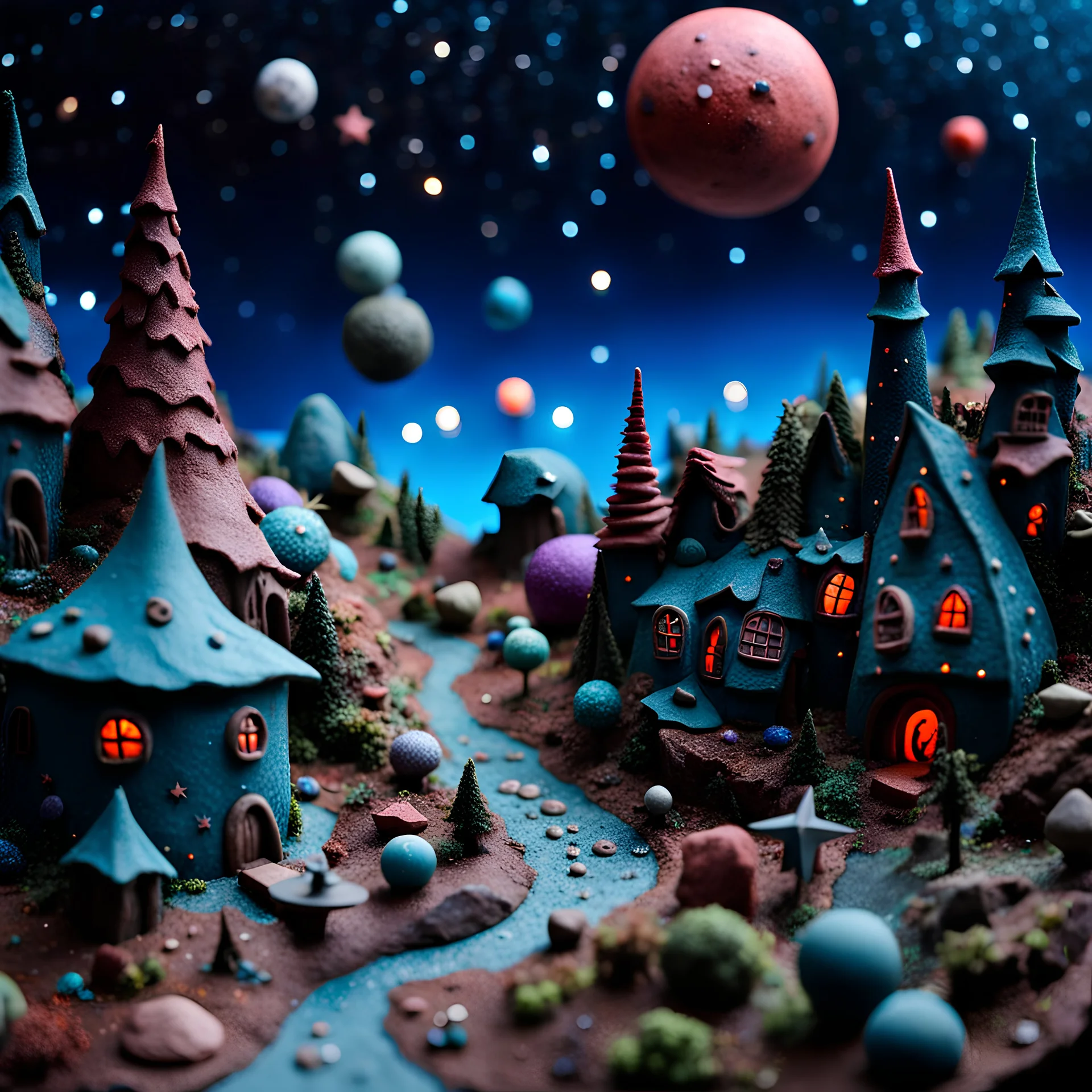 Detailed creepy landscape made of modeling clay, village, stars and planets, Roger Dean, naïve, Tim Burton, strong texture, Ernst Haekel, extreme detail, Max Ernst, decal, rich moody colors, sparkles, Yves Tanguy, bokeh, odd