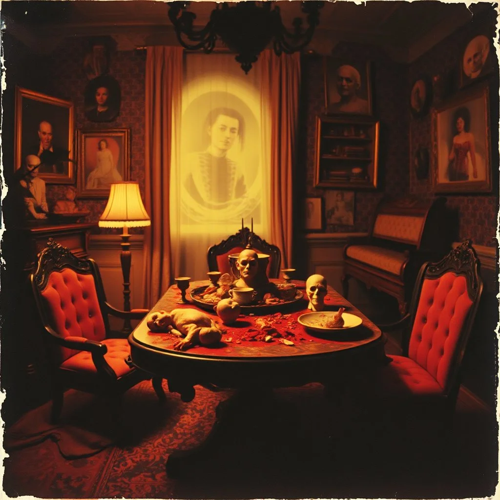 Close up polaroid photography of spooky room, eerie, table, Max Ernst, hypnotic, obsessive, hypermaximalist, colors, details of the table very accentuated, filthy pieces of dismebered body, strong contrasts and dynamism