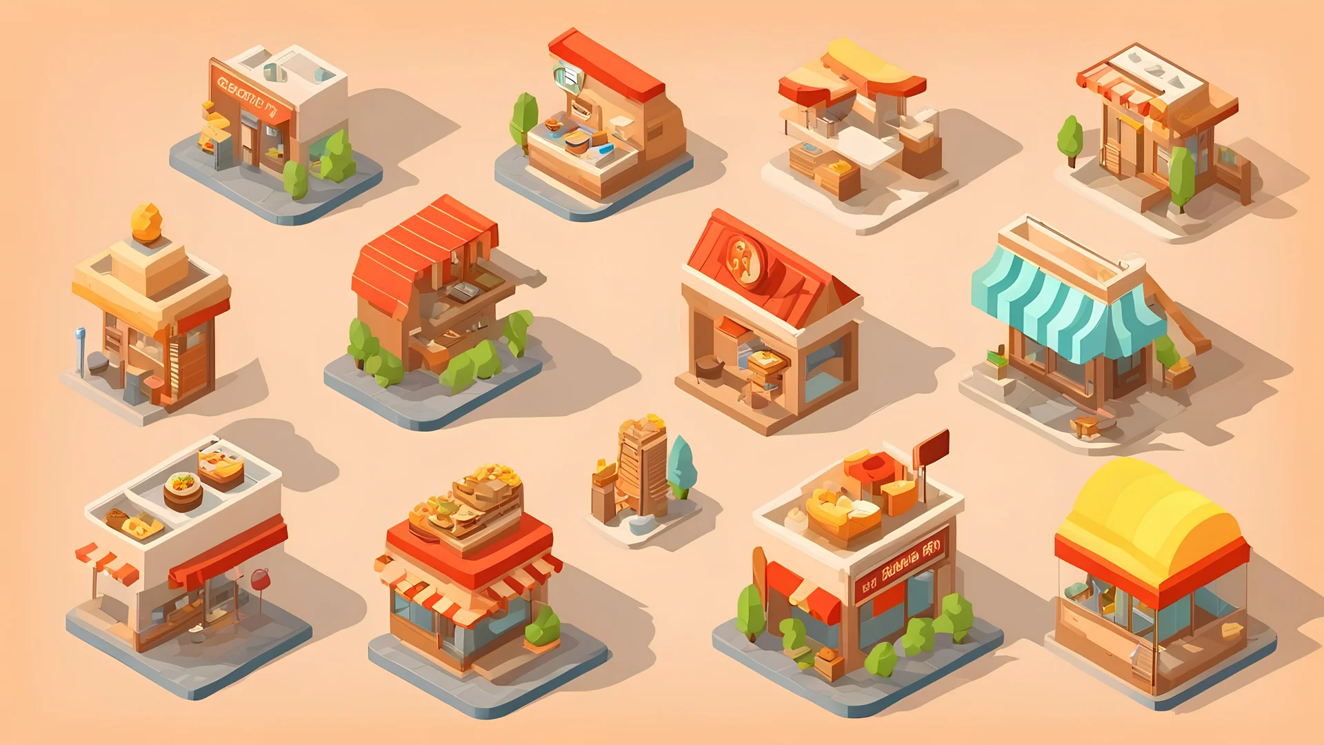 illustration for game. 30 miniature restaurants per block as a city. vector isometric 3d style. HD.