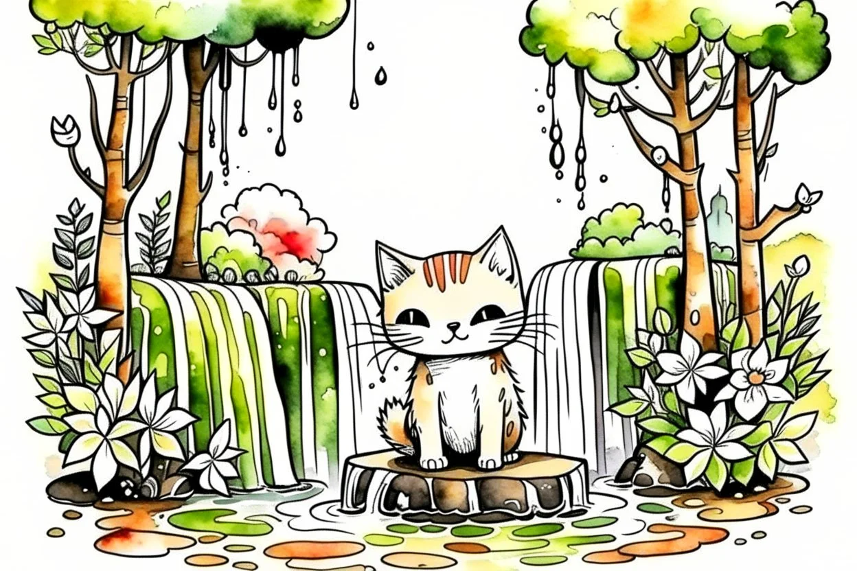 cute chibi cat in a restaurant double exposure waterfall in the forest watercolor and ink