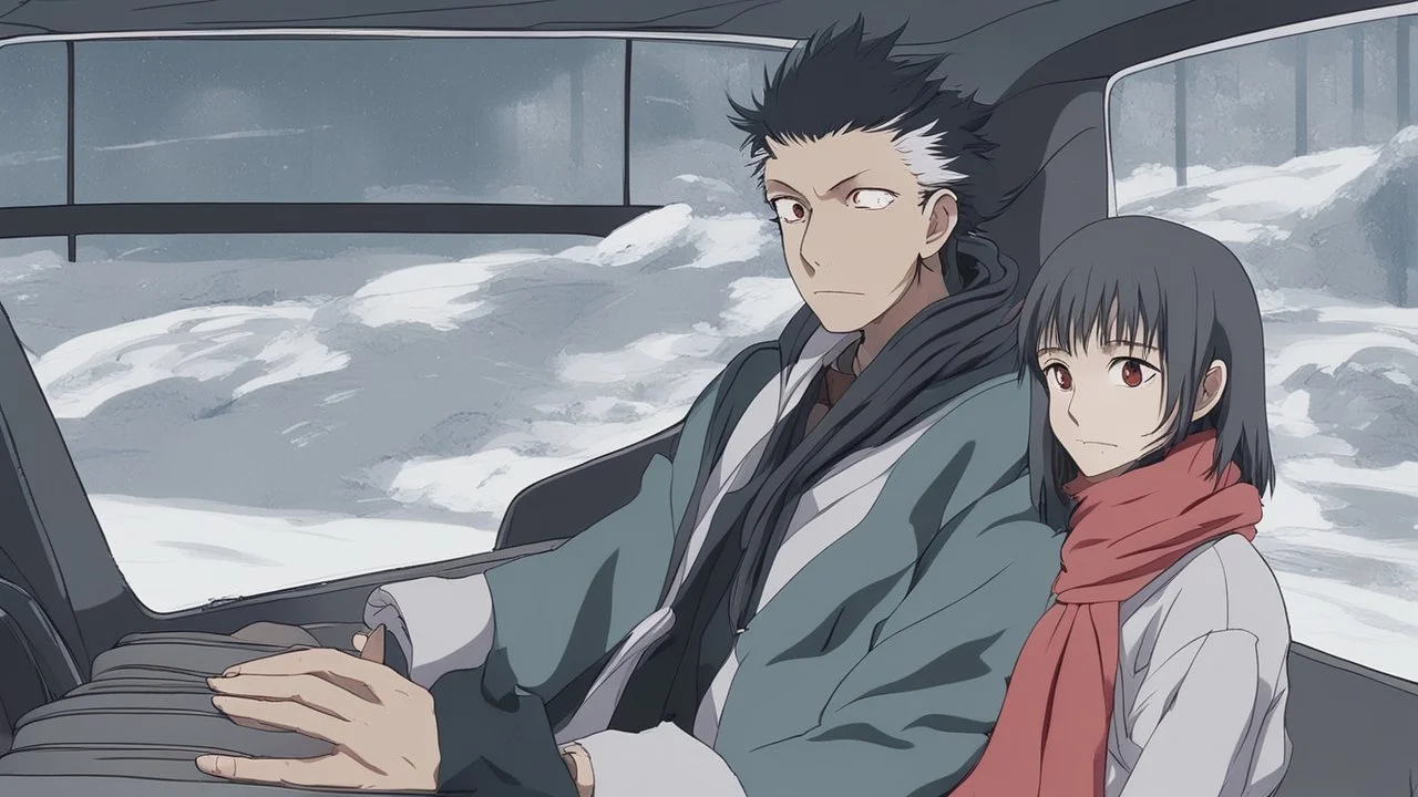 Megumi Fushiguro | Jujutsu Kaisen a guy with disheveled black hair an anime character is sitting in a car wearing a scarf. It's snowing outside and it's nighttime. Everything is pale and dreary