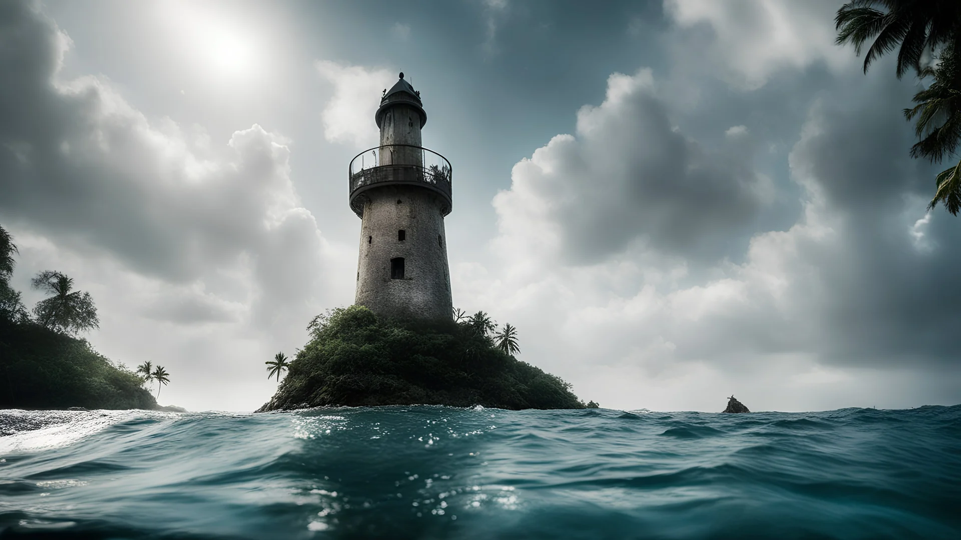 Photoreal magnificent shot as seen from below the water surface of a gargantuan enormous towering medieval light house on an exotic caribbean jungle island by lee jeffries, otherworldly creature, in the style of fantasy movies, photorealistic, shot on Hasselblad h6d-400c, zeiss prime lens, bokeh like f/0.8, tilt-shift lens 8k, high detail, smooth render, unreal engine 5, cinema 4d, HDR, dust effect, vivid colors