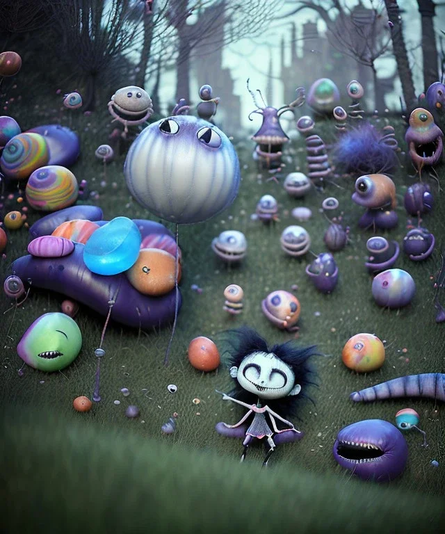 Tim burton photographer, Ultra realistic garden night scene, portrait, wide angle view, child playing with feather pillows and sweet inflatable monsters, circus dress style, feather color, free jumping, many trinkets, hair monster, many jelly beans, balls, smile, extreme, wind, soft color, highly detailed, unreal engine 5, ray tracing, RTX, lumen lighting, ultra detail, volumetric lighting, 3d, finely drawn, high definition.