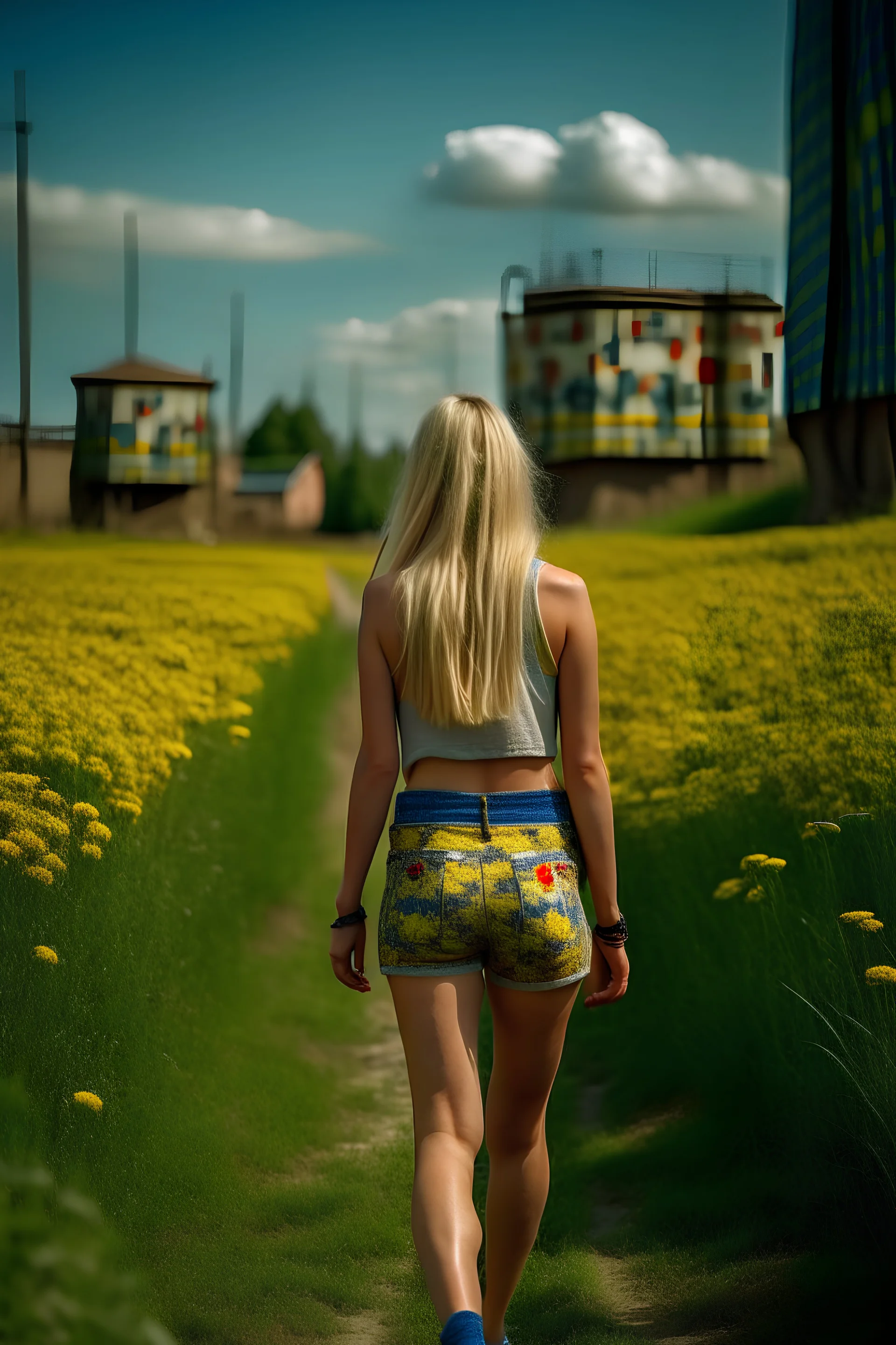 Full length back view of a beautiful blonde lady with long free hair and wearing Swedish women's international football shorts and football shirt, strolling across a grassy field full of wildflowers towards a huge brewery industrial complex.