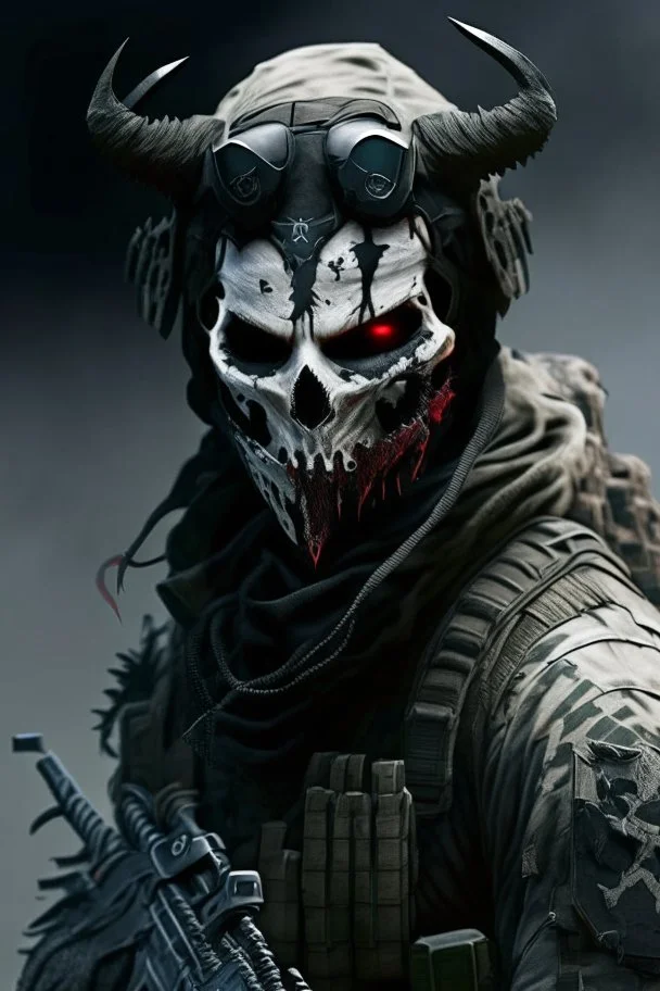 A soldier in the game modern warfare, he wears a skull mask with horns that covers his eyes. The lower half of his face is covered by a mask with a bloody fanged grin. He is a sniper, but can also run point. His call sign is Wraith. Couple