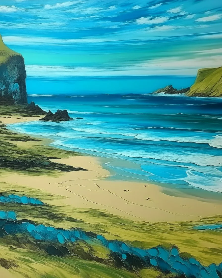 A blue beach near cliffs designed in Scandinavian folk art painted by Vincent van Gogh