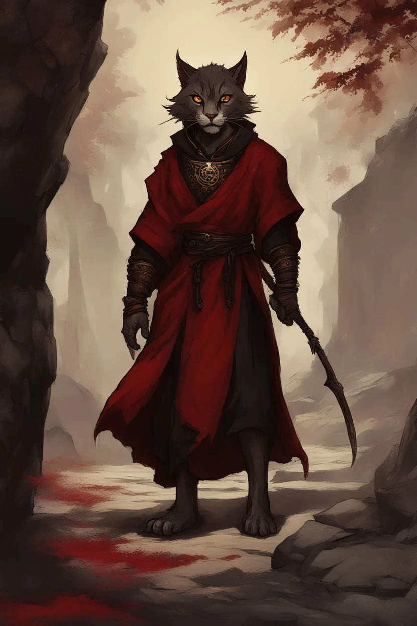 Male khajiit with grey fur and Hazel eyes wearing blood red and black robes in a fantasy setting, sorcerer of death