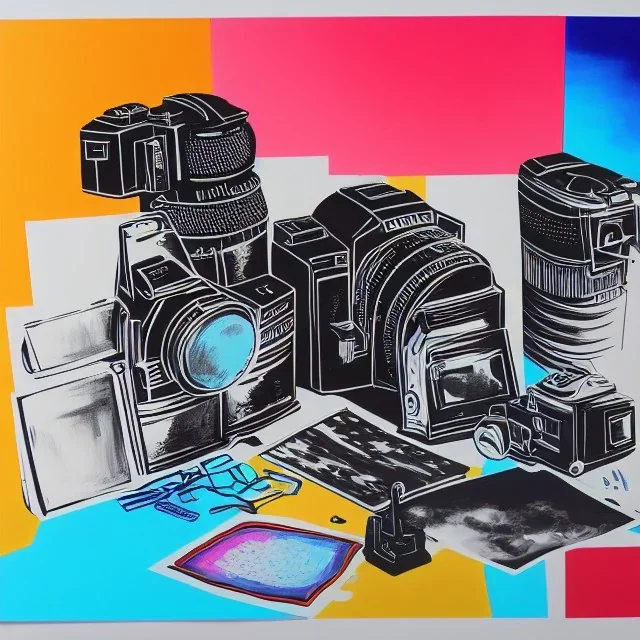 elements of photographic equipment. poster graphics. high detailed. acrylic painting and ink.