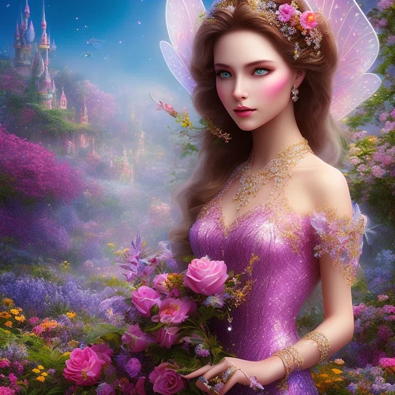 bright fairy, beautiful portrait, flowery landscape